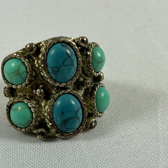 Chunky Silver Tone Faux Turquoise Statement Ring Size 8 Southwestern - Picture 9 of 9